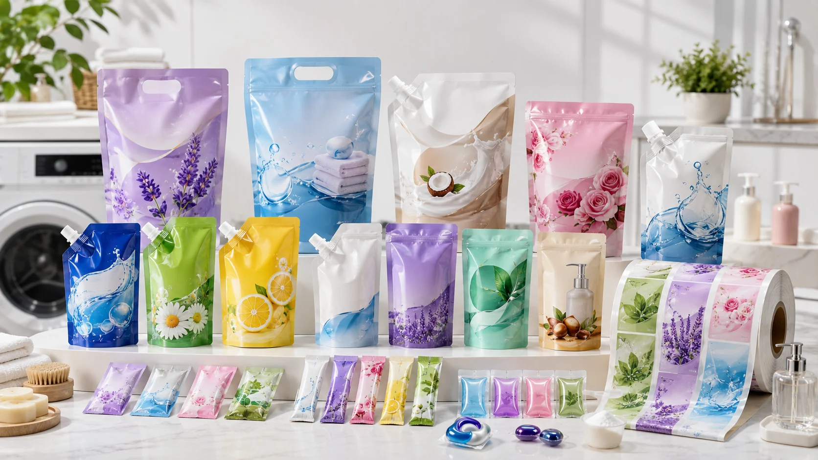 Custom daily chemical packaging with refill pouches, spout pouches, sachets and roll film