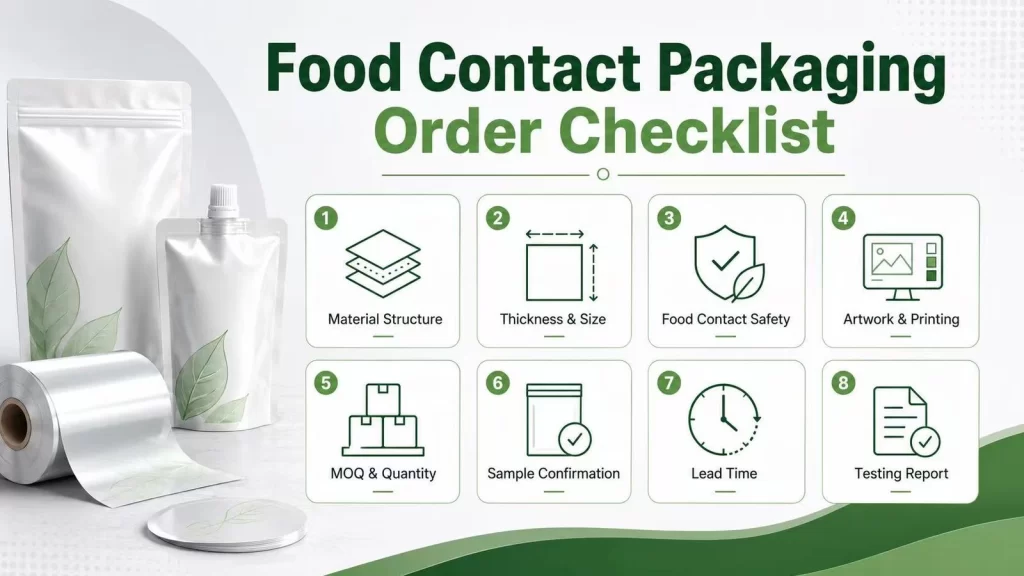 Food contact flexible packaging order checklist with material structure, size, safety, printing, MOQ and testing report icons